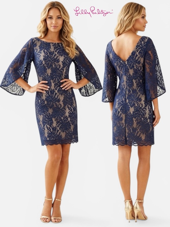 Lilly Pulitzer Dresses & Skirts - Lilly Pulitzer Belmont Navy Lace Dress Size S Bell Sleeves Cocktail Party Preppy